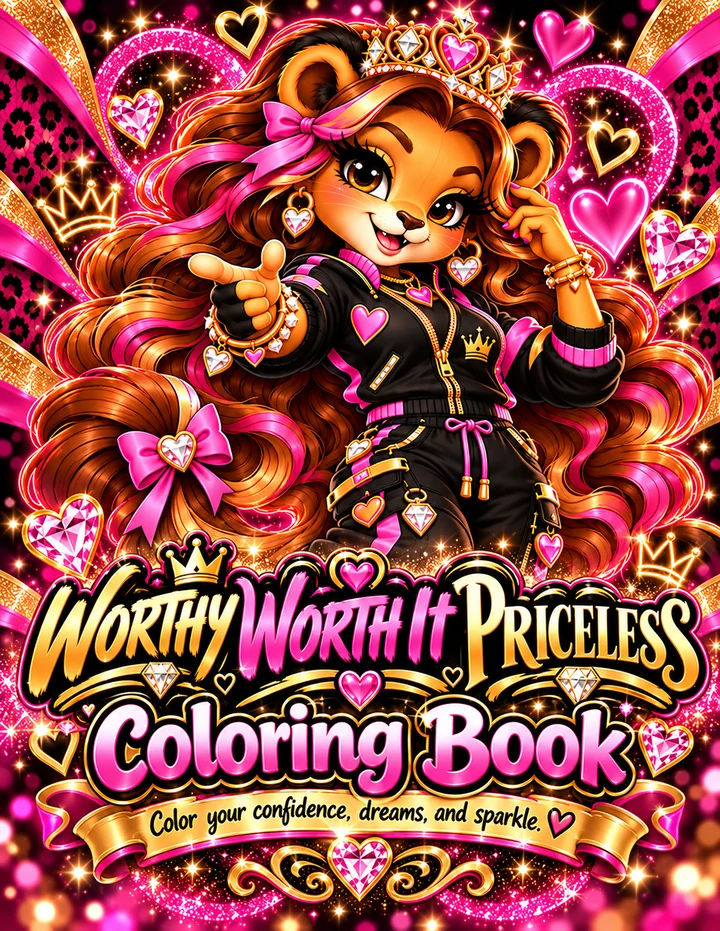 Cover of Worthy Worth It & Priceless Coloring Book featuring the WWIP lioness mascot